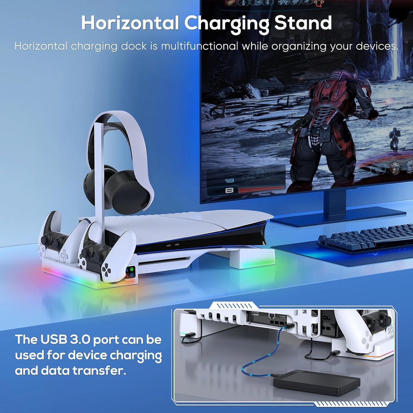 RGB Horizontal Cooling Station Stand for PS5 Slim Console with 2 Controller Charger, Auto Silent Cooling Fan for Playstation 5 Slim Disc / Digital Edition with 14 Light Modes and Headset HolderSep 1, 2024