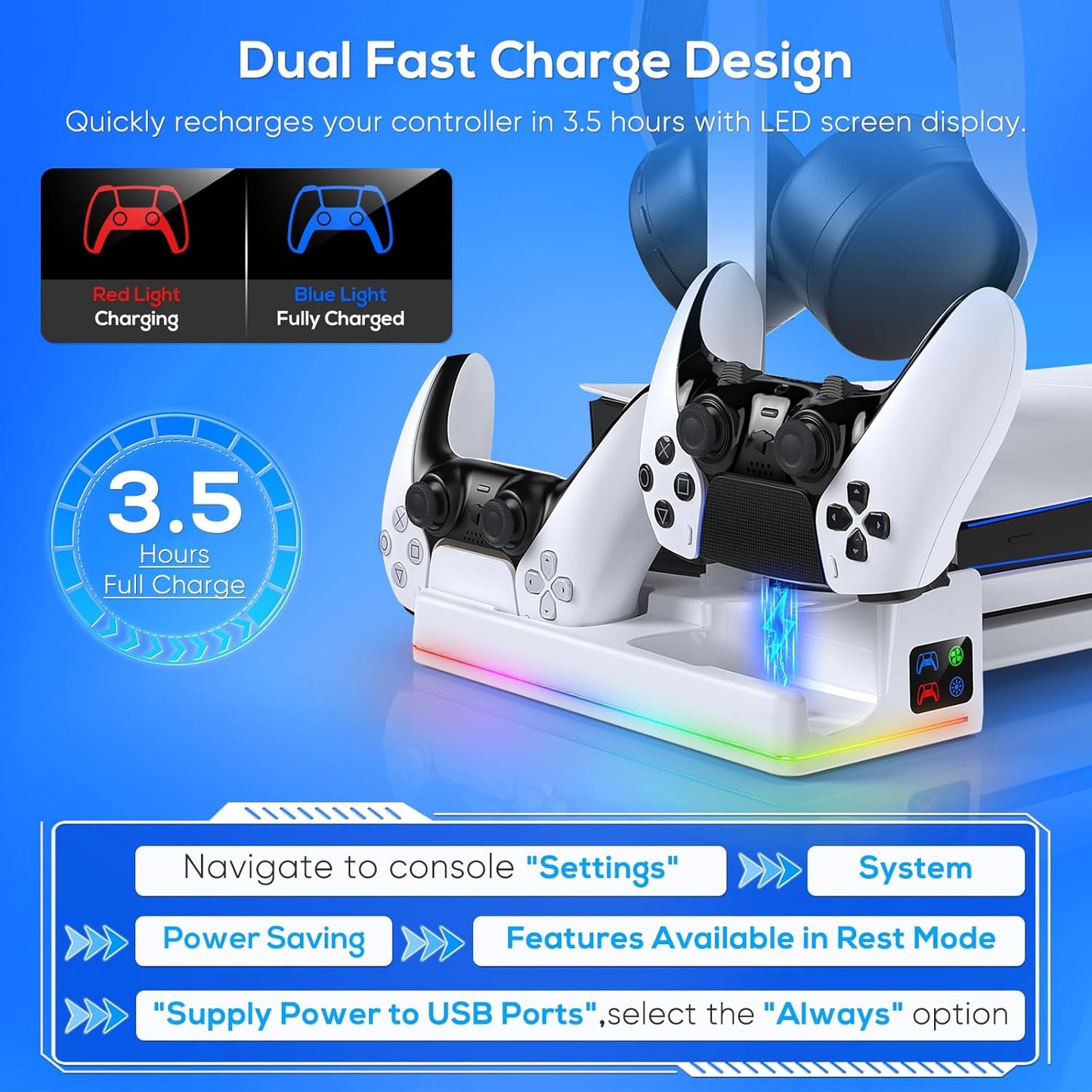 RGB Horizontal Cooling Station Stand for PS5 Slim Console with 2 Controller Charger, Auto Silent Cooling Fan for Playstation 5 Slim Disc / Digital Edition with 14 Light Modes and Headset HolderSep 1, 2024