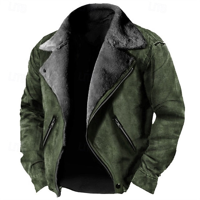 Men's Faux Leather Jacket Winter Jacket Fleece Jacket Sherpa Jacket Daily Vacation Thermal Warm Pocket Fleece Fall & Winter Plain Fashion Streetwear Lapel Regular Black Brown Green Jacket